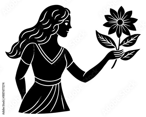 Elegant Woman Holding Flower Silhouette Vector, Minimal Beauty Illustration