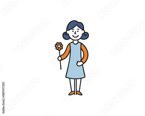 Woman holding flower vector illustration, isolated on white background