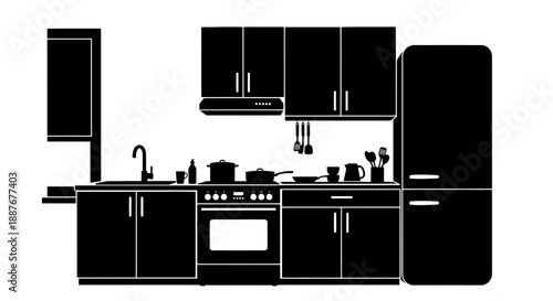 Modern Kitchen Silhouette With Appliances And Cabinets.