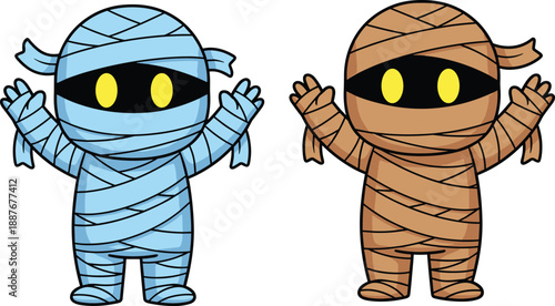 Cute cartoon mummy characters set, blue and brown spooky halloween bandages, friendly monster illustration for children, ancient egypt undead mascot