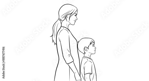 Mother and Son Standing Together Side Profile Line Art.