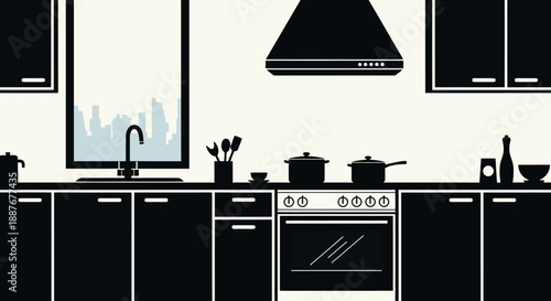 Modern Kitchen Silhouette with Appliances and Window View.