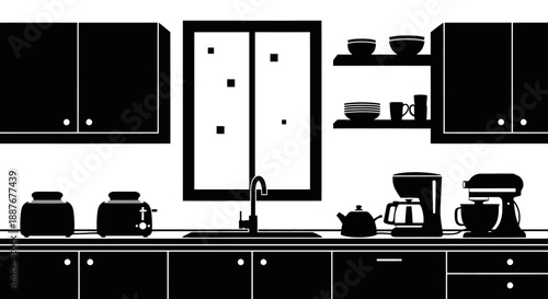 Modern Kitchen Interior Silhouette with Appliances and Cabinets.