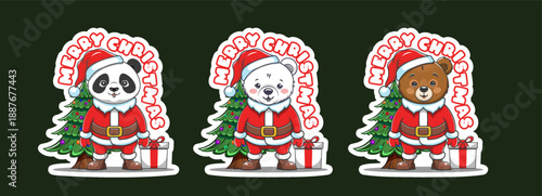 Vector set of cute holiday stickers. Merry Christmas. Costume of Santa Claus. Cuddly cartoon toy bamboo, polar and brown bears. Funny panda, white and grizzly bear. Gift and toon fir with color balls