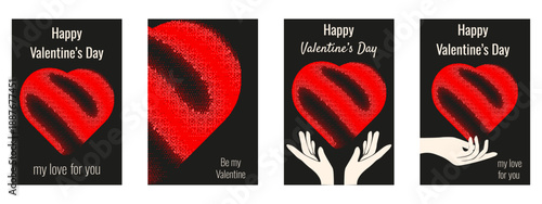 Trendy 2026 Bitmap Valentines' Day greetinc card set. Nostalgia Bitmap effect Gradient red heart in hands isolated black background and elegant holiday message. Perfect Valentine vertical poster set