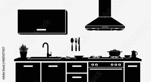 Modern Kitchen Silhouette With Appliances And Sink.