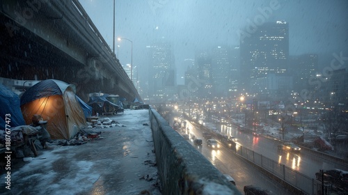 Tent shelter beneath elevated highway in snowy night city, lone figure near makeshift bed, conveying urban homelessness, isolation, survival and infrastructure neglect.