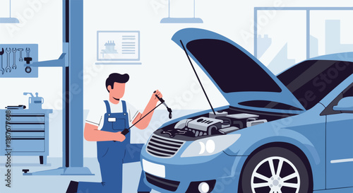 Mechanic Checking Fuel or Oil Level of the Car in the Workshop