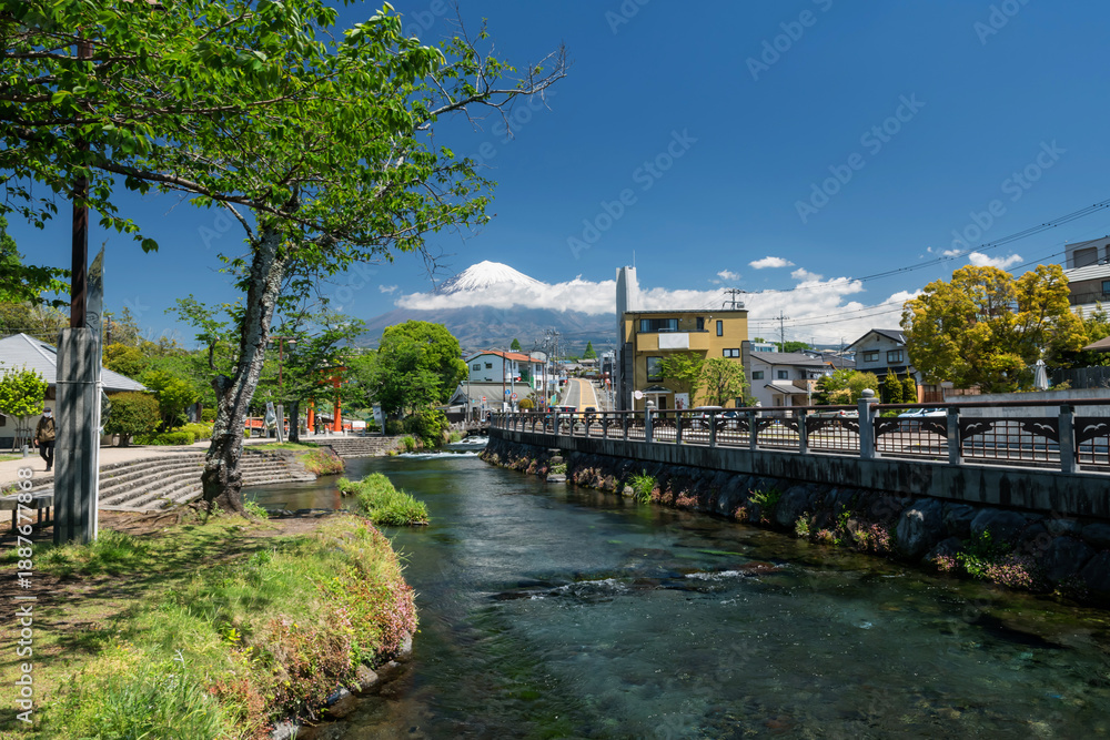 Fototapeta premium Fujinomiya town by river with mt. Fuji in springtime, Shizuoka