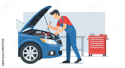 Mechanic Repairing Car Engine with Tools in Auto Shop