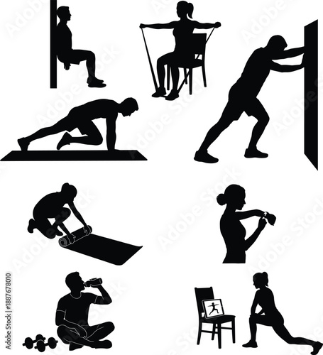 Home workout and fitness lifestyle silhouettes set showing diverse exercise poses and healthy daily habits