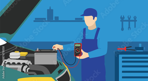 Mechanic Using Multimeter on Car Battery in Garage