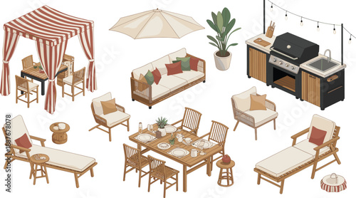 Isometric outdoor furniture illustration set, patio dining and lounge elements with sofa, chairs, umbrella, grill, garden decor