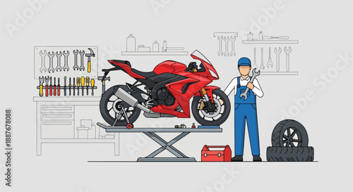 Mechanic with Wrench Repairing a Red Motorcycle in a Garage