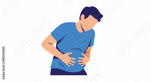 Man Experiencing Stomach Pain, Indicating Sickness or Discomfort