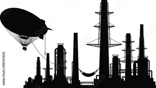 Industrial factory refinery silhouette illustration, airship zeppelin flying above petrochemical plant, smokestacks, towers, heavy industry, energy infrastructure, black vector scene