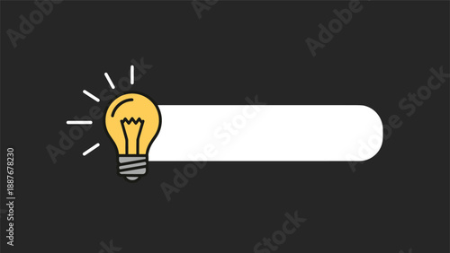 Glowing yellow light bulb icon next to a blank white search bar on a dark background representing creative ideas or search solutions.