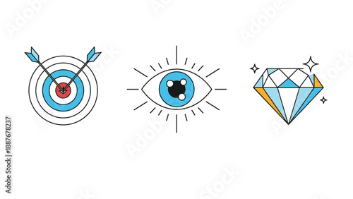 Trio of minimalist line icons featuring a target with arrows, a human eye, and a sparkling diamond for goals, vision, and value.