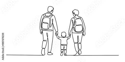 Continuous line drawing of a family with parents and child walking together with backpacks