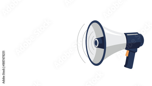 Blue and white megaphone icon with sound wave lines representing an announcement, loud speaker broadcast, or promotional marketing.
