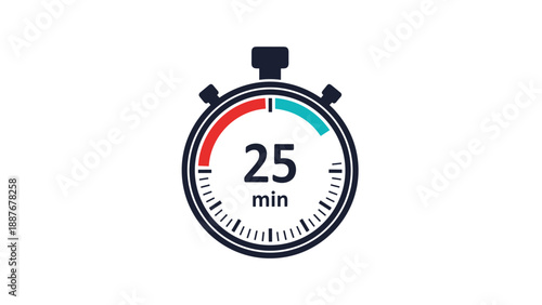 Dark blue stopwatch icon indicating a twenty five minute duration with red and teal highlighted segments for task management.