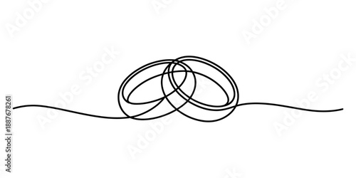 Continuous line art depicting intertwined wedding rings symbolizing eternal love and union