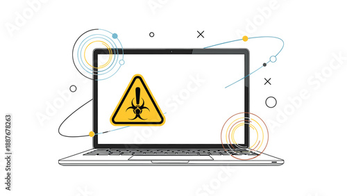 Laptop screen showing a yellow biohazard warning triangle symbol with abstract orbit and particle graphics for cyber security threats.