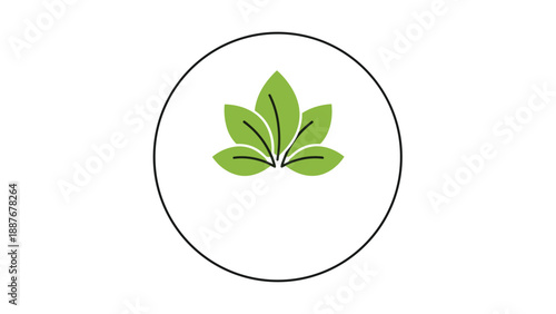 Five green leaves arranged in a floral pattern within a circular frame representing nature, growth, and environmental sustainability.