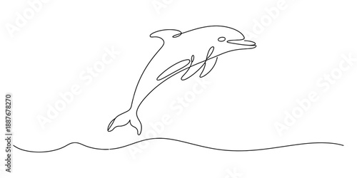 Continuous line drawing illustration of a graceful dolphin leaping above the ocean surface