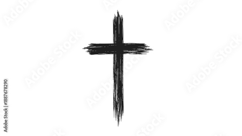 Christian cross symbol rendered in a black textured brushstroke style on a white background representing faith and spirituality.