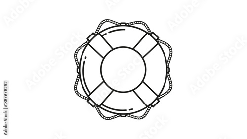 Minimalist black and white line art icon of a circular lifebuoy representing safety, rescue, and maritime emergency assistance.