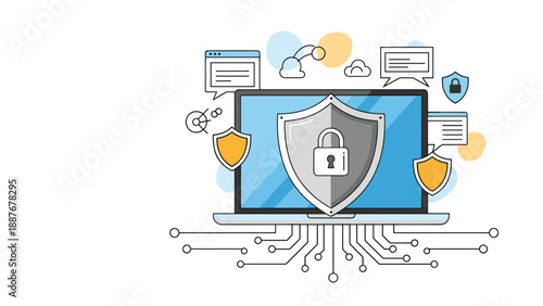 Laptop computer protected by a large silver shield with a padlock surrounded by smaller security shields for online data safety.