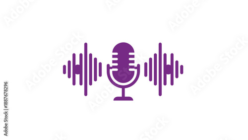 Purple microphone icon placed between symmetrical sound wave patterns representing audio recording, broadcasting, and podcasting.