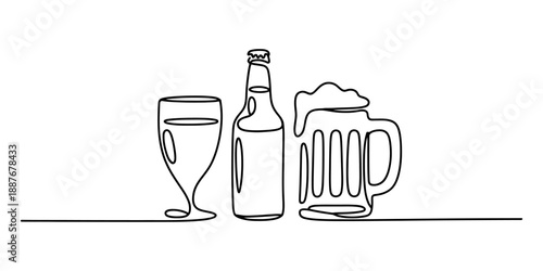 Continuous line drawing of a wine glass, beer bottle, and beer mug on a white background