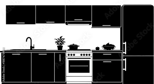 Modern Black Kitchen Interior With Appliances And Cabinets.