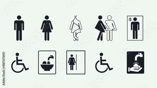 Collection of restroom and accessibility signs for public facilities.