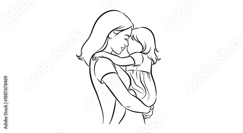 Mother holding her child in a loving embrace line art illustration.