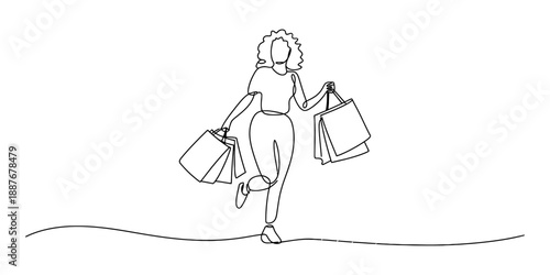 Joyful shopping: a continuous line drawing of a woman happily skipping with multiple bags