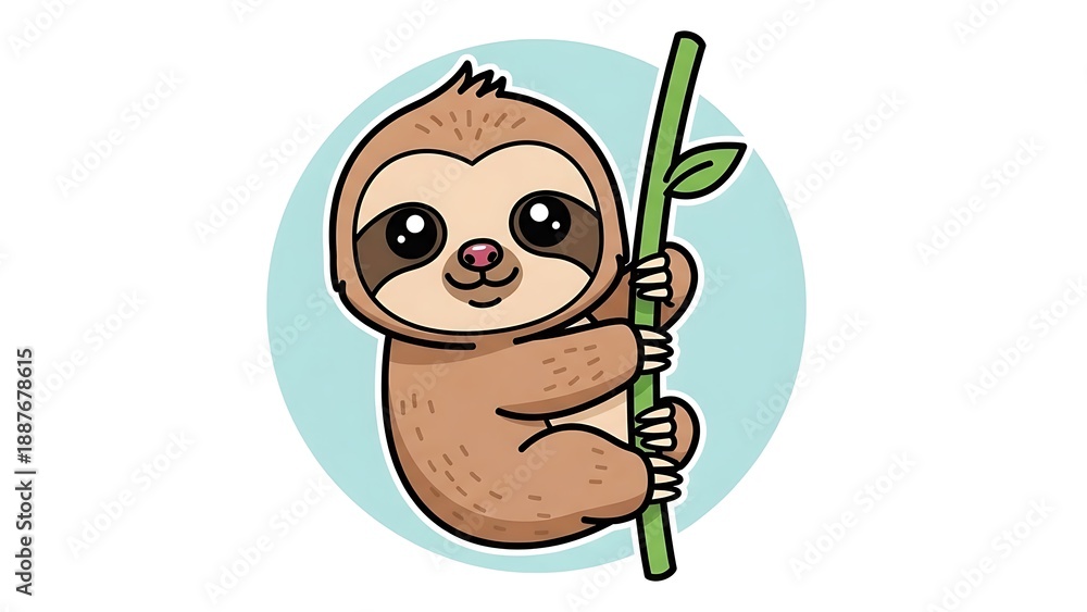 Fototapeta premium Cute Cartoon Sloth Hanging on Branch.
