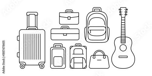 A collection of travel luggage and a musical instrument represented as black line art icons.