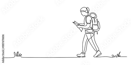 Continuous line drawing of a person walking with a backpack and checking a map