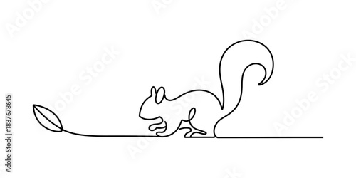 Simple and modern continuous line illustration of a squirrel and a leaf