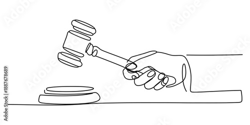 Continuous line drawing of a hand holding a judge's gavel hitting a sound block, symbolizing justice.