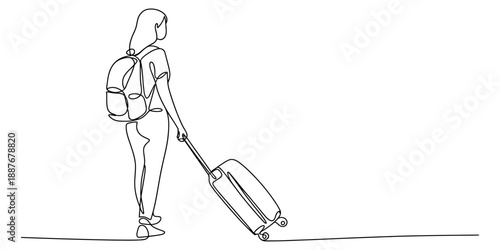 Woman traveler walking away with rolling luggage and backpack in minimalist art