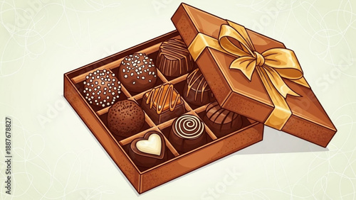 Assortment of gourmet chocolates in an open gift box with golden ribbon sweet treats for special occasions isolated on textured backg
