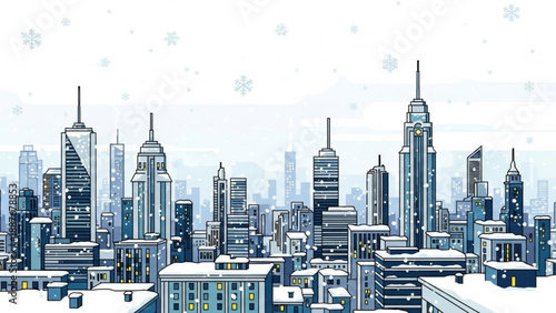 Winter cityscape with snow falling on skyscrapers urban skyline illustration for seasonal and travel concepts blue and white color pa