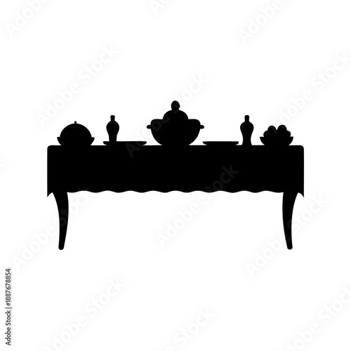 Elegant silhouette of a dining table set with dishware and food