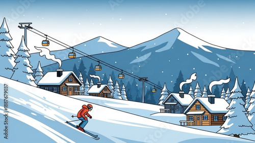 Ski resort scene with a skier on a snowy slope ski lift and cozy cabins winter mountain landscape illustration