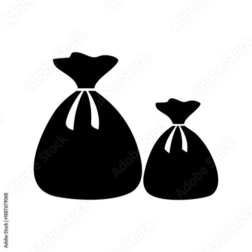 Silhouette of two tied sacks, different sizes, simple minimalist design concept