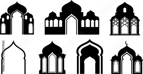 Set of 7 Grand Islamic Gateway Silhouettes featuring Triple Arch Designs Traditional Mosque Entrances and Decorative Mehrab Frames for Architectural Graphics